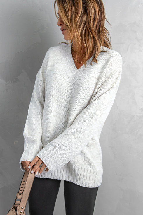 V Neck Drop Shoulder Knitted Sweater